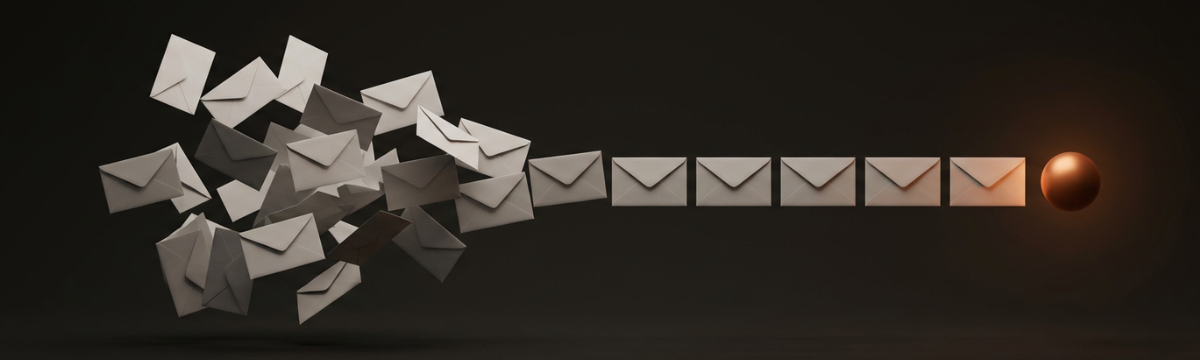 Scattered envelopes aligning into one ordered row flowing toward a glowing copper point