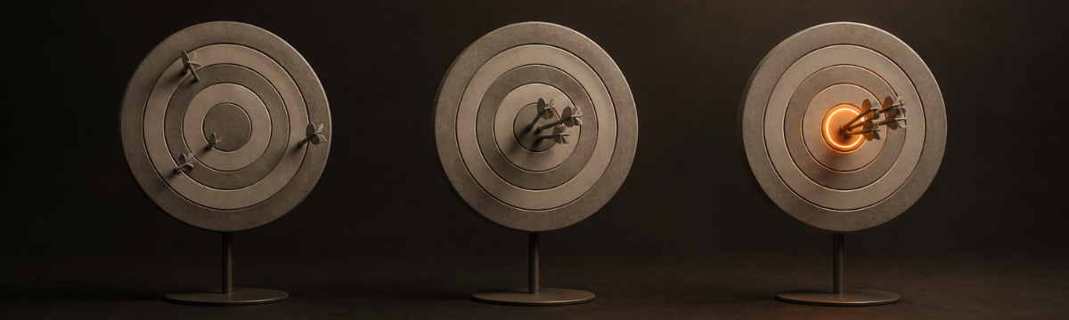 Three practice targets with dart groupings tightening to a copper bullseye